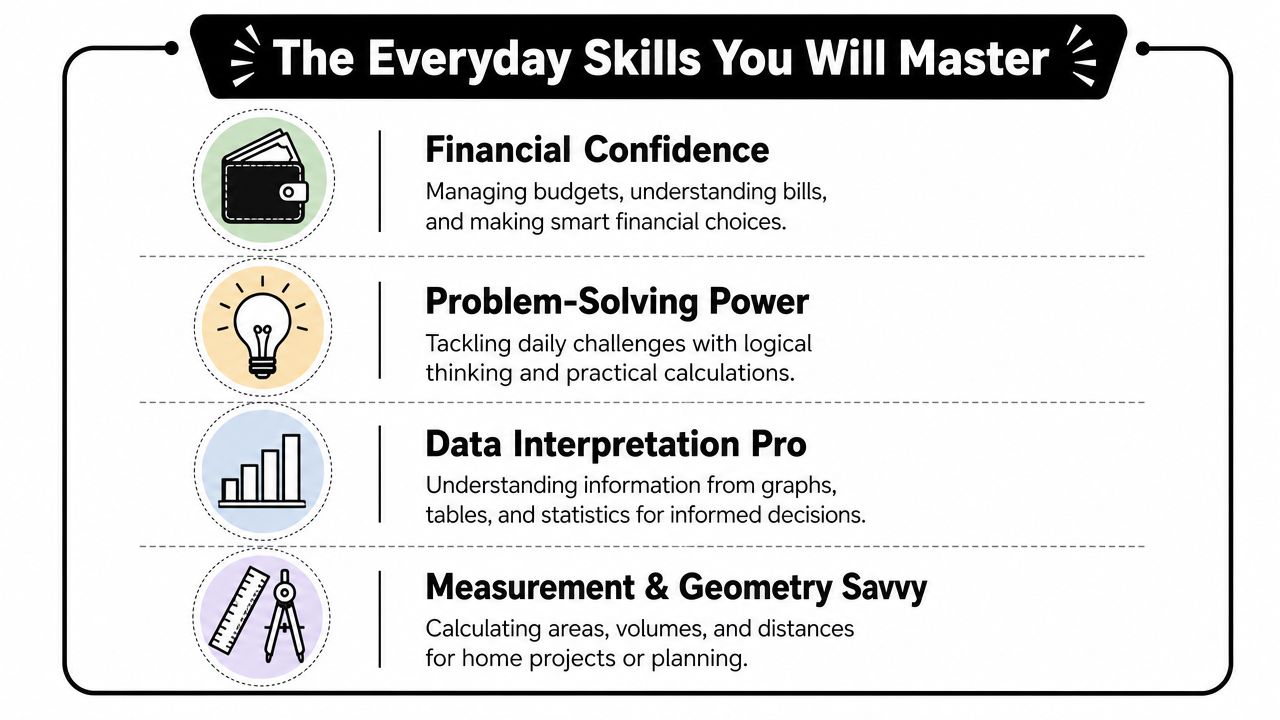 A diagram outlining four everyday practical skills: financial confidence, problem-solving, data interpretation, and measurement and geometry.