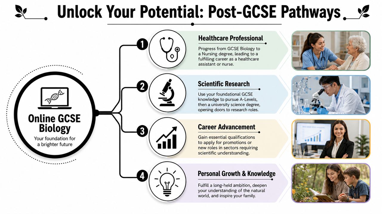 An infographic illustrating four post-GCSE career pathways starting from an online GCSE Biology course foundation.