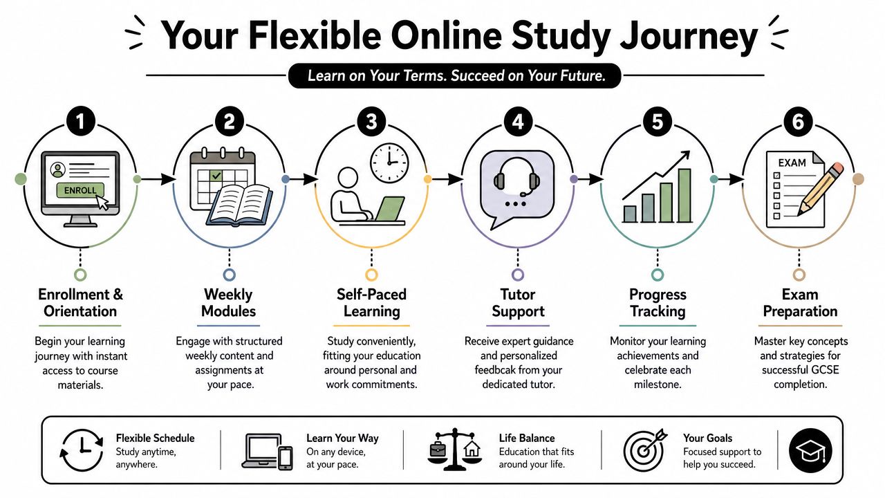 A six-step infographic illustrating a flexible online GCSE study journey from enrollment to exam preparation.