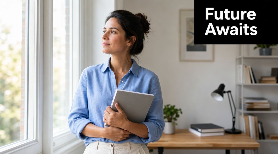A professional woman holding a notebook while looking thoughtfully out a window in a bright home office.
