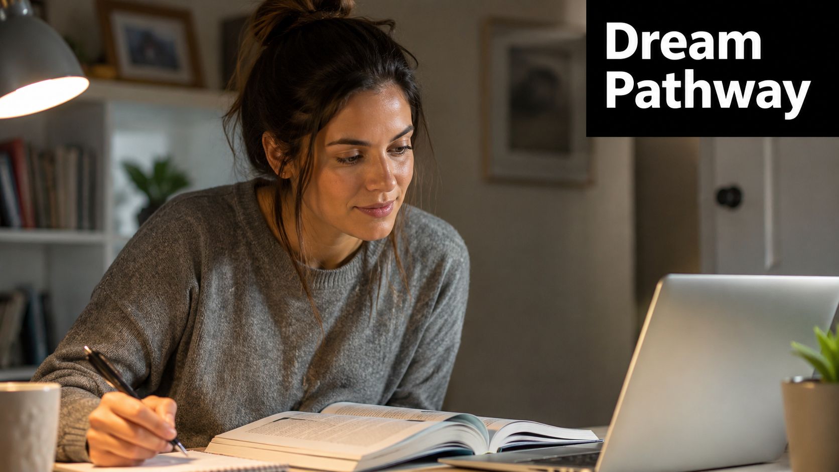 A woman studying with a book and laptop while sitting at a desk at home.