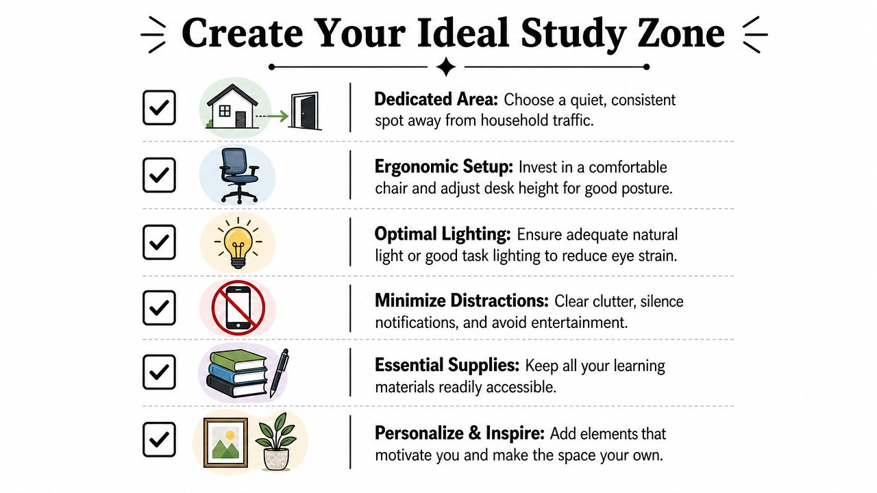A checklist infographic titled Create Your Ideal Study Zone with icons representing six essential study environment tips.