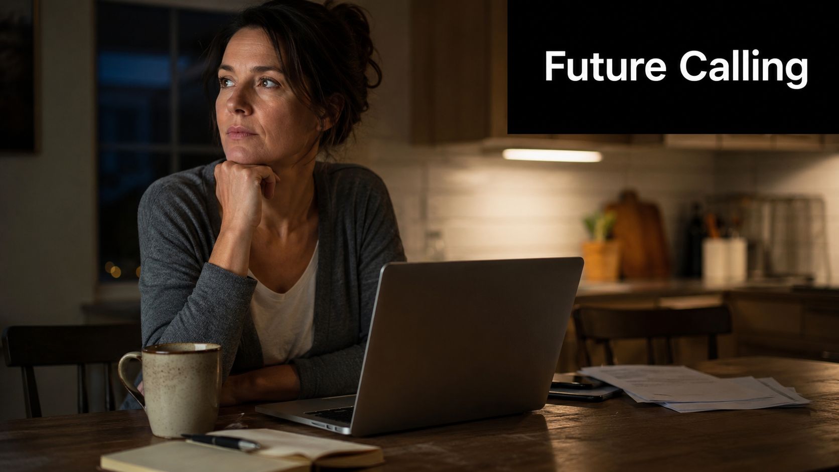 A woman looks thoughtful while sitting at a kitchen table with a laptop, notebook, and coffee mug.