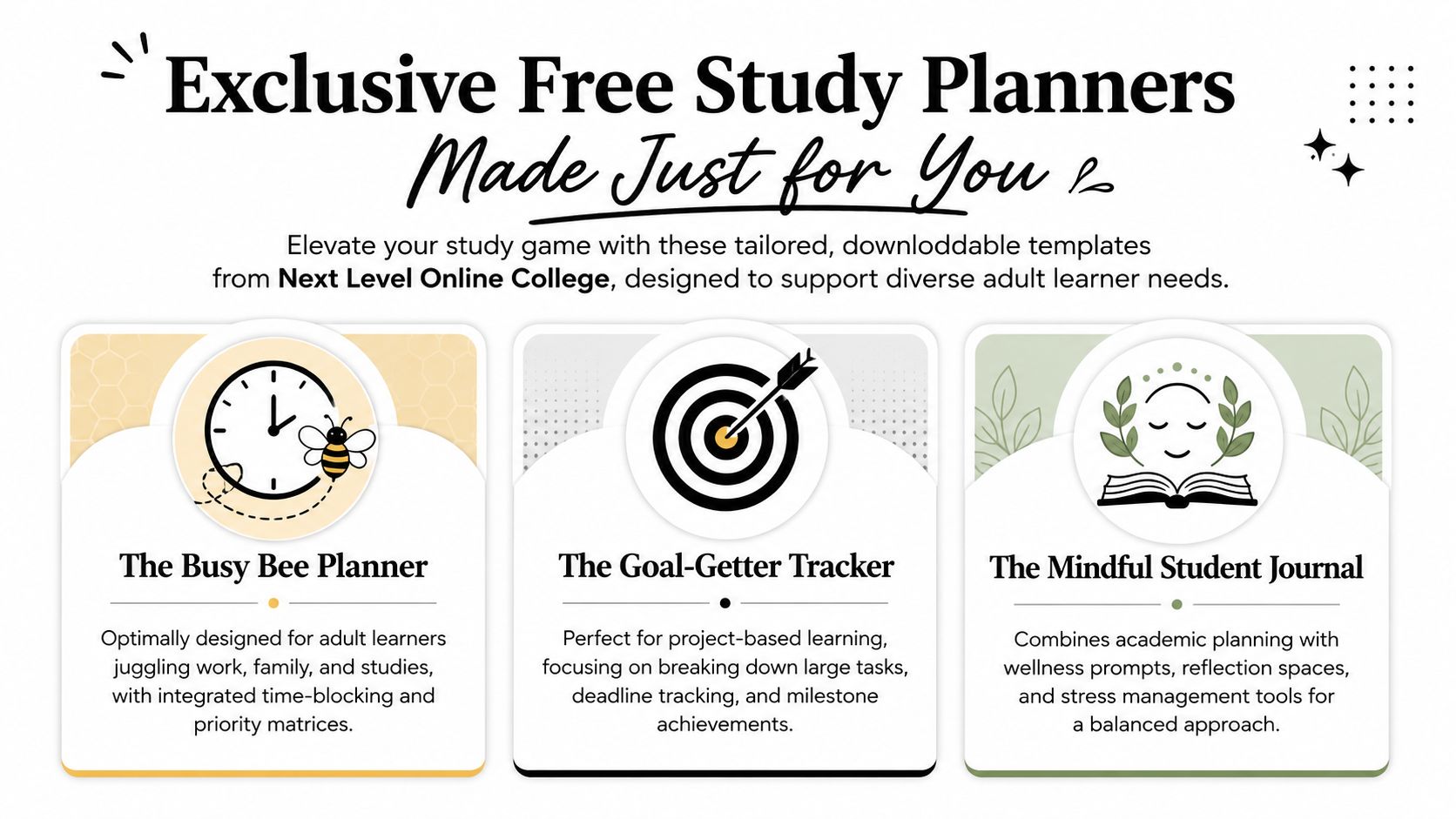 Three downloadable study planner templates featuring a clock, a target, and a book for organized learning.