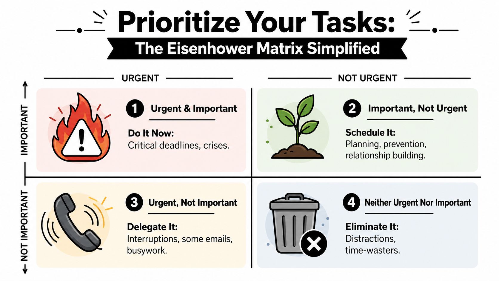 A simplified Eisenhower Matrix diagram showing four quadrants for prioritizing tasks based on urgency and importance levels.