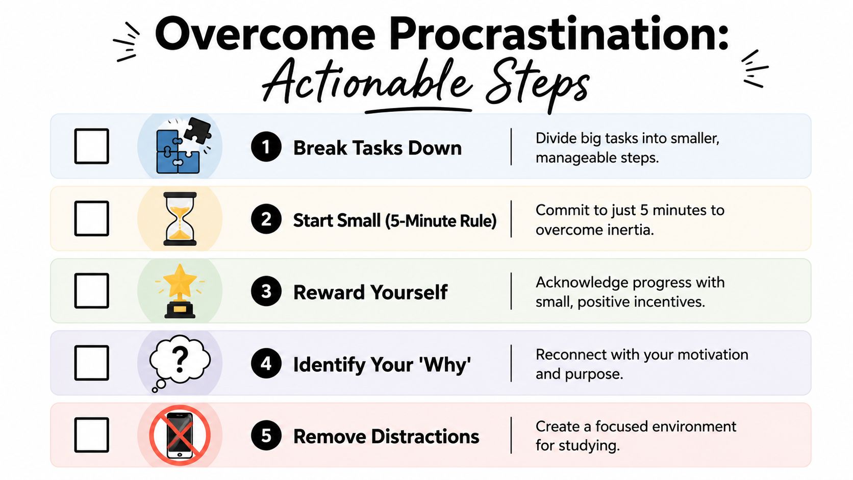 A checklist infographic titled Overcome Procrastination featuring five actionable steps to improve productivity and time management.