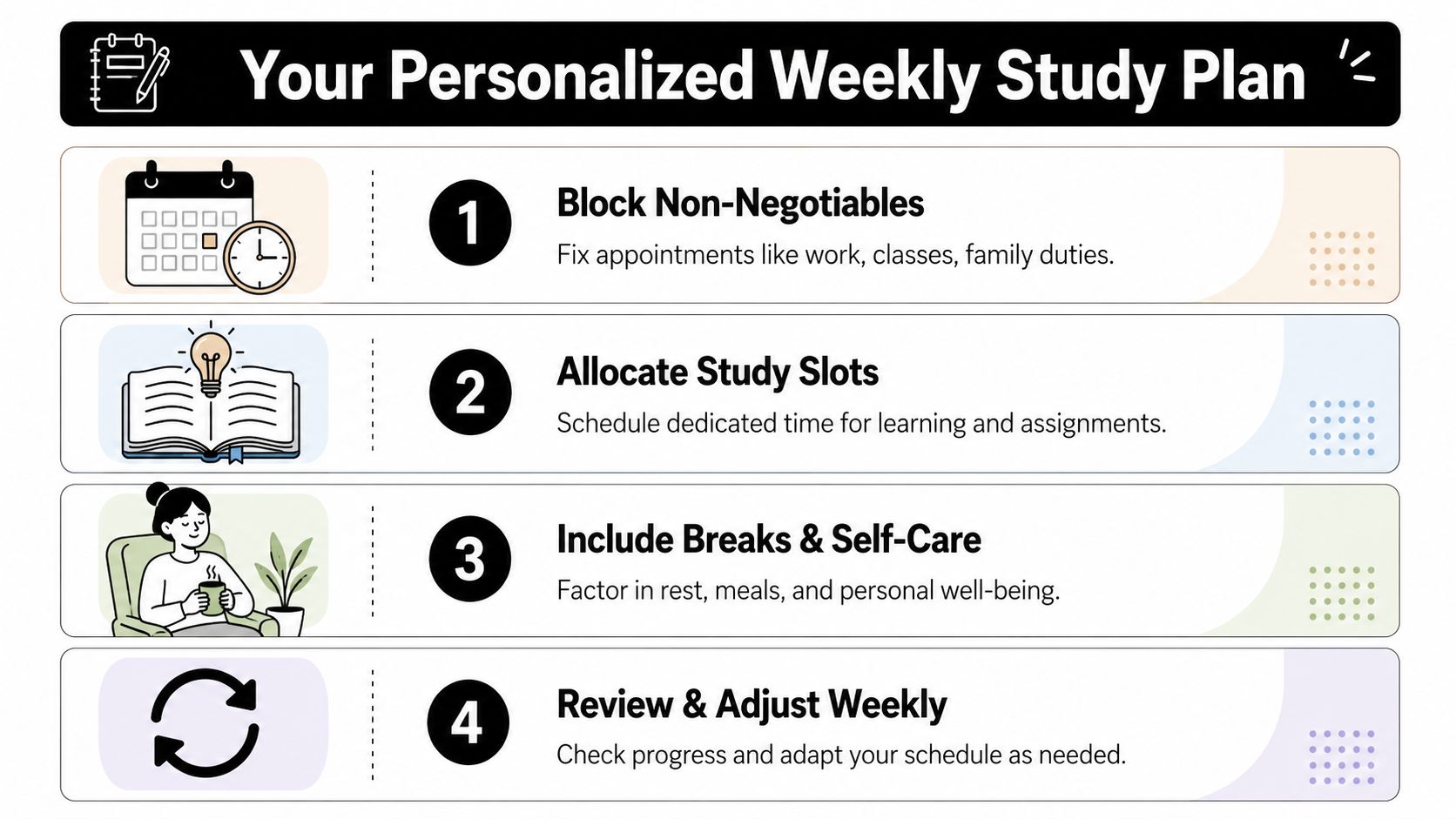 A four-step infographic illustrating a personalized weekly study plan for effective time management for students.