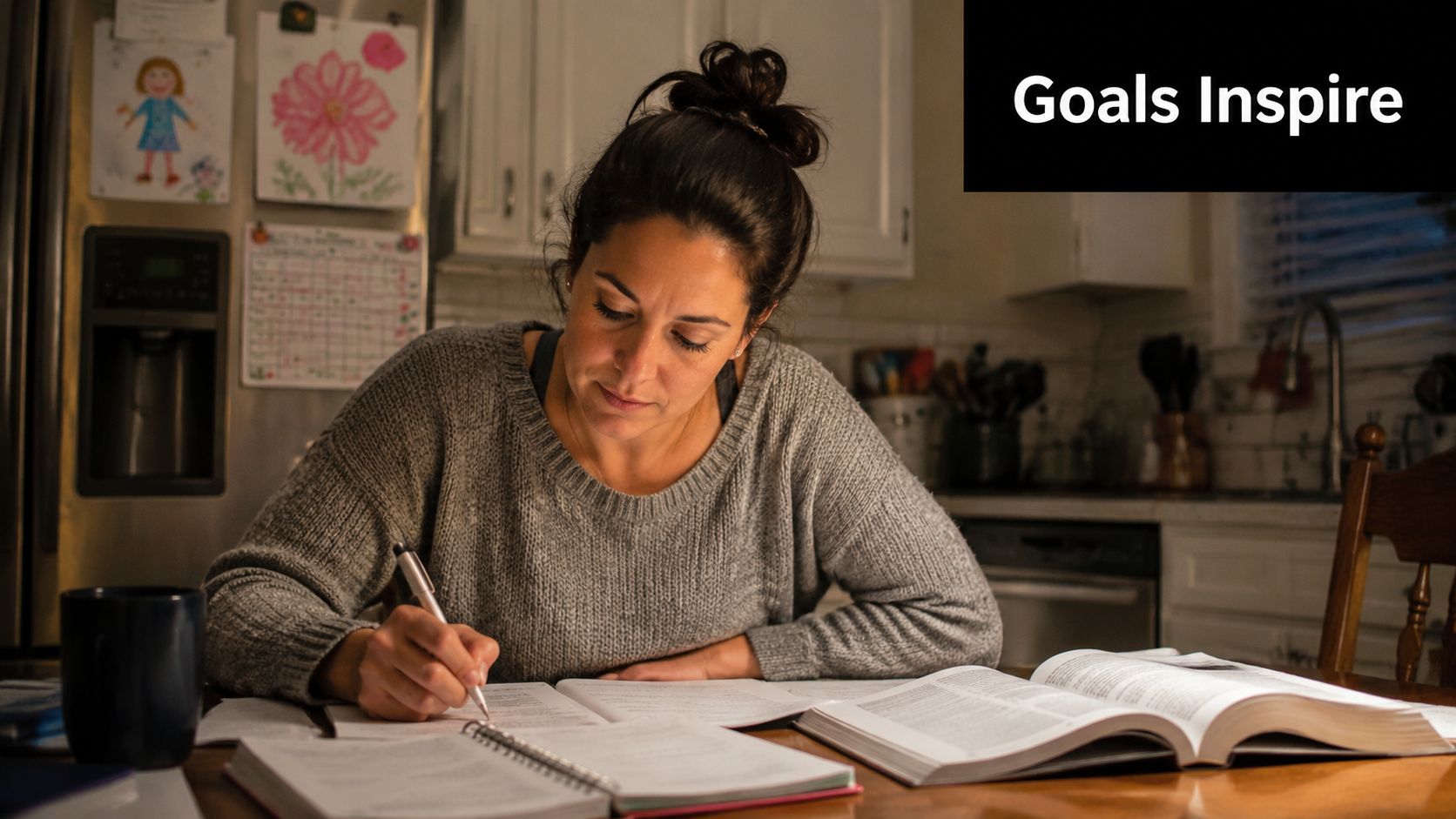 A woman studying diligently at a wooden kitchen table with open textbooks and a pen.