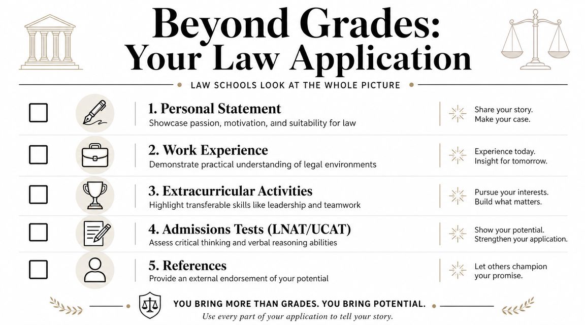 An infographic detailing five key components of a law school application beyond just academic grades.