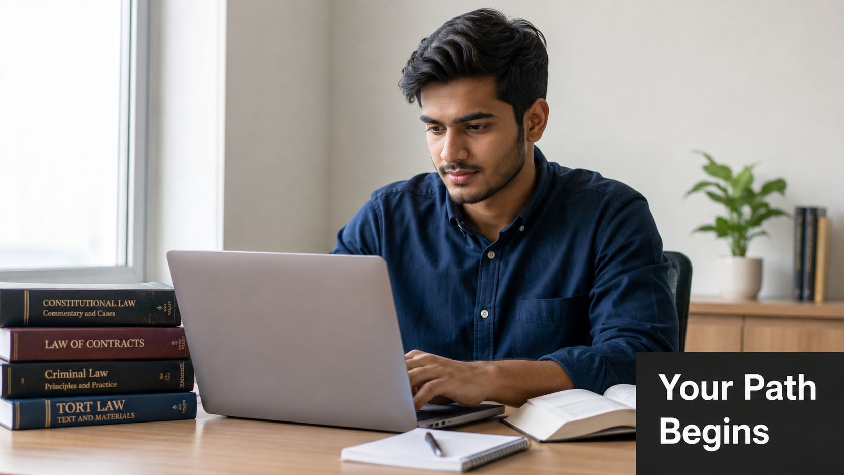 A young man studying law with textbooks on a desk while working on his laptop computer.