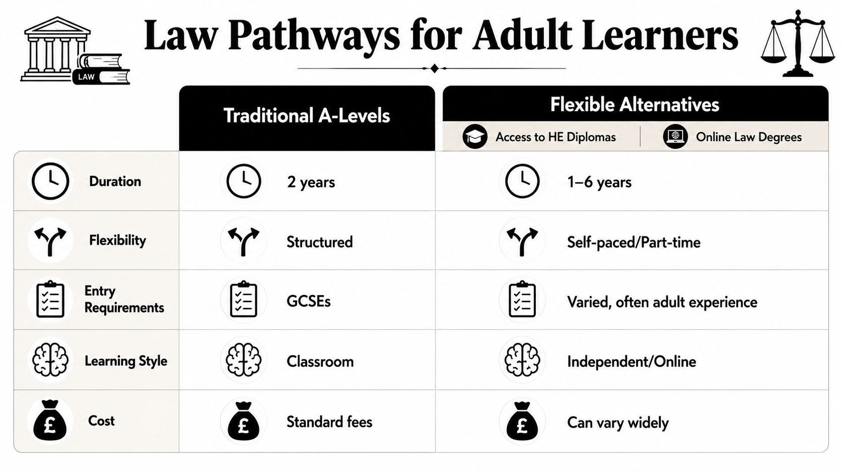 A comparison chart showing law pathways for adult learners, contrasting traditional A-Levels with flexible alternative learning options.