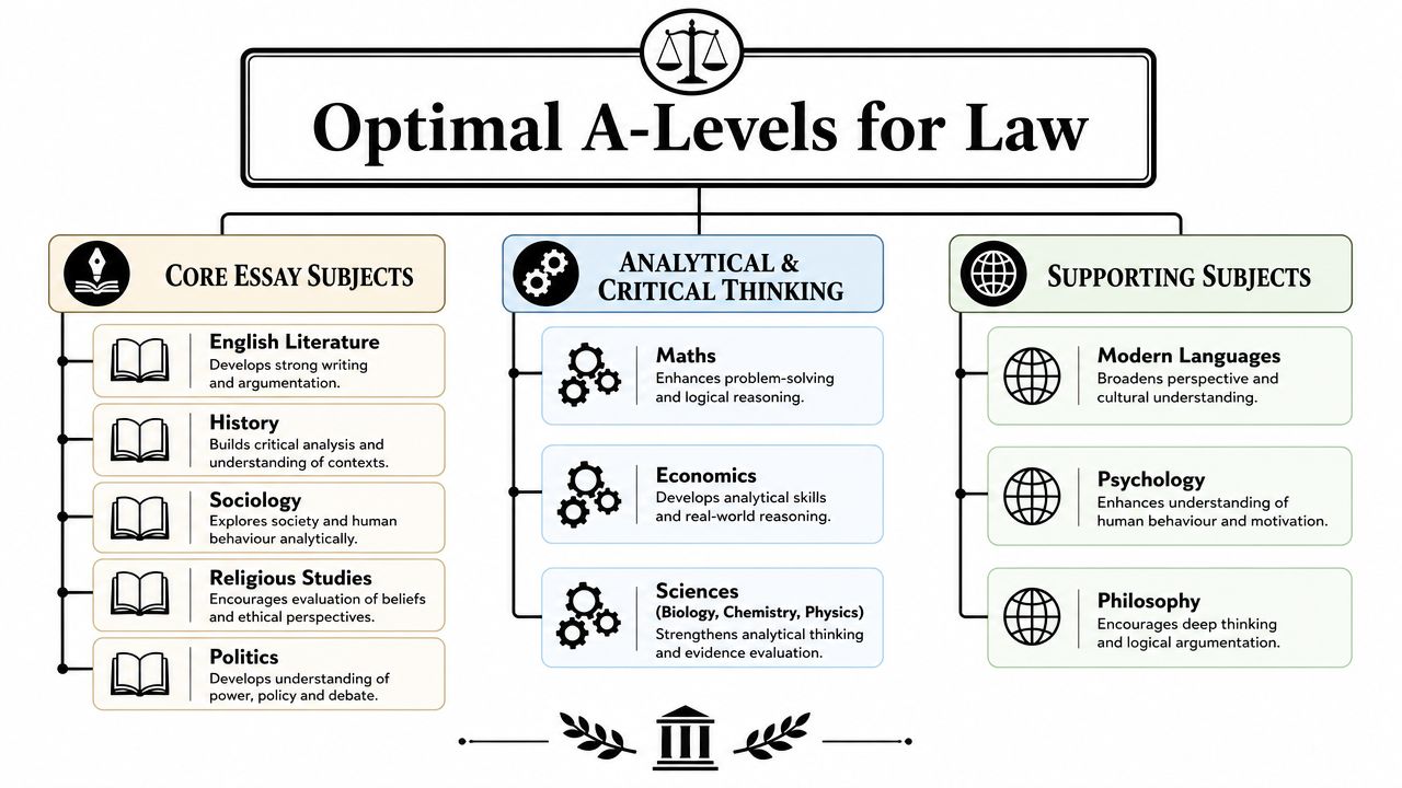 A flowchart infographic displaying the optimal A-Level subjects for law students divided by category.