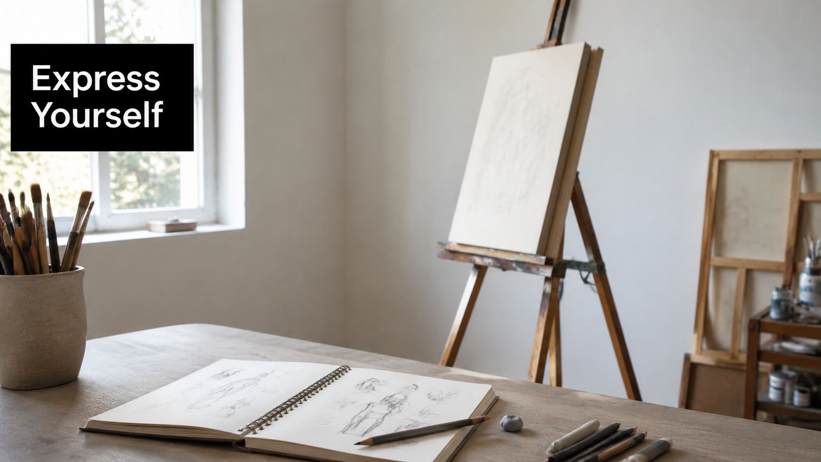 An artist workspace with an open sketchbook, pencils, and an easel with a canvas by a window.