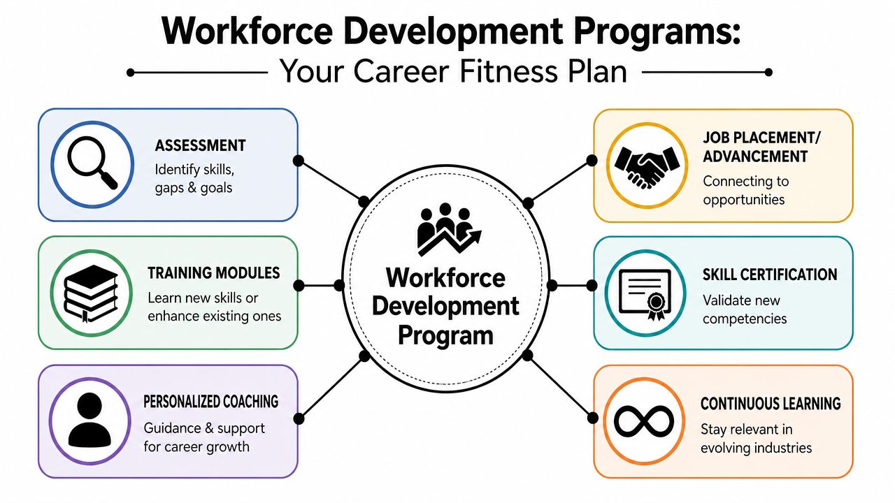 A diagram illustrating the key components of a workforce development program, including assessment, training, coaching, and career advancement.