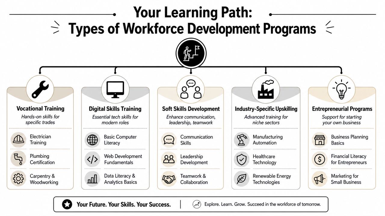 A diagram illustrating five key types of workforce development programs including vocational, digital, soft, industry-specific, and entrepreneurial training.