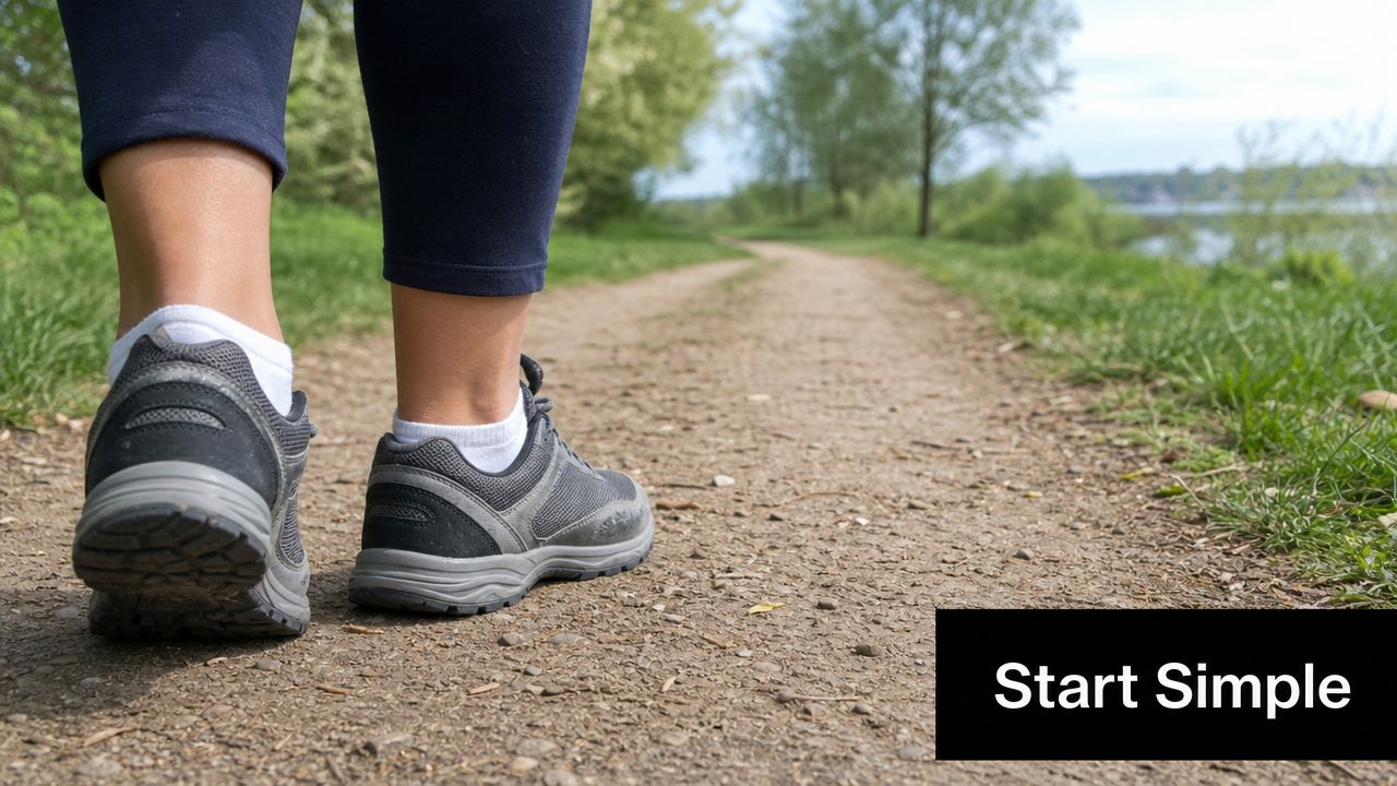 A close-up view of a person wearing athletic sneakers walking on a dirt path in nature.