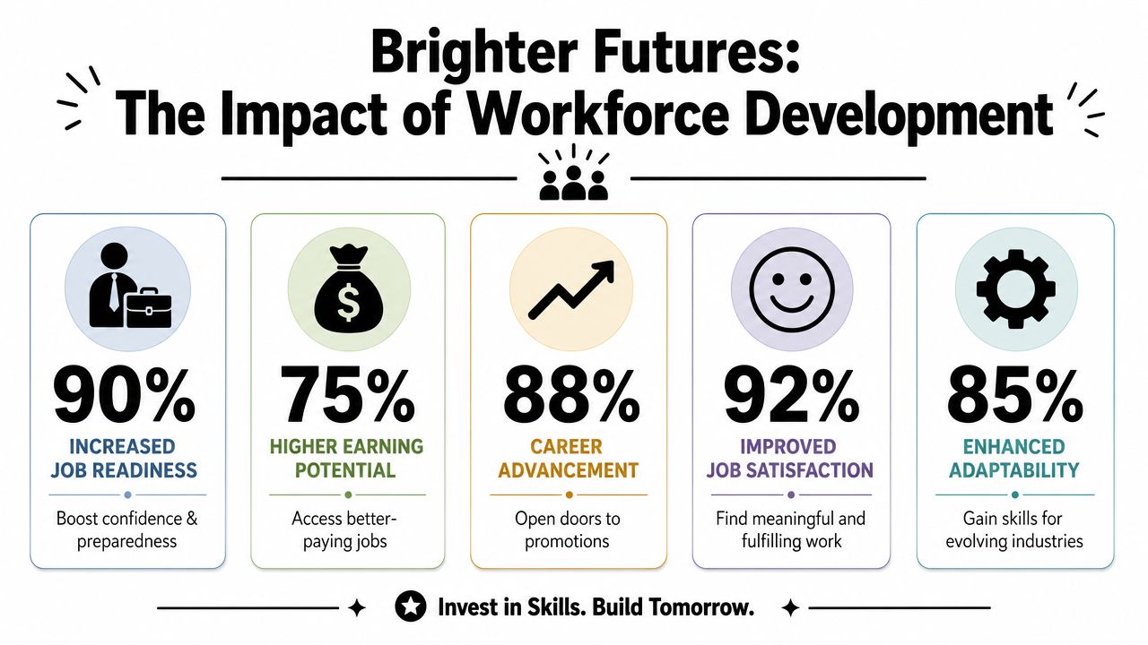 An infographic titled Brighter Futures showing statistics on the positive impact of workforce development on employees.