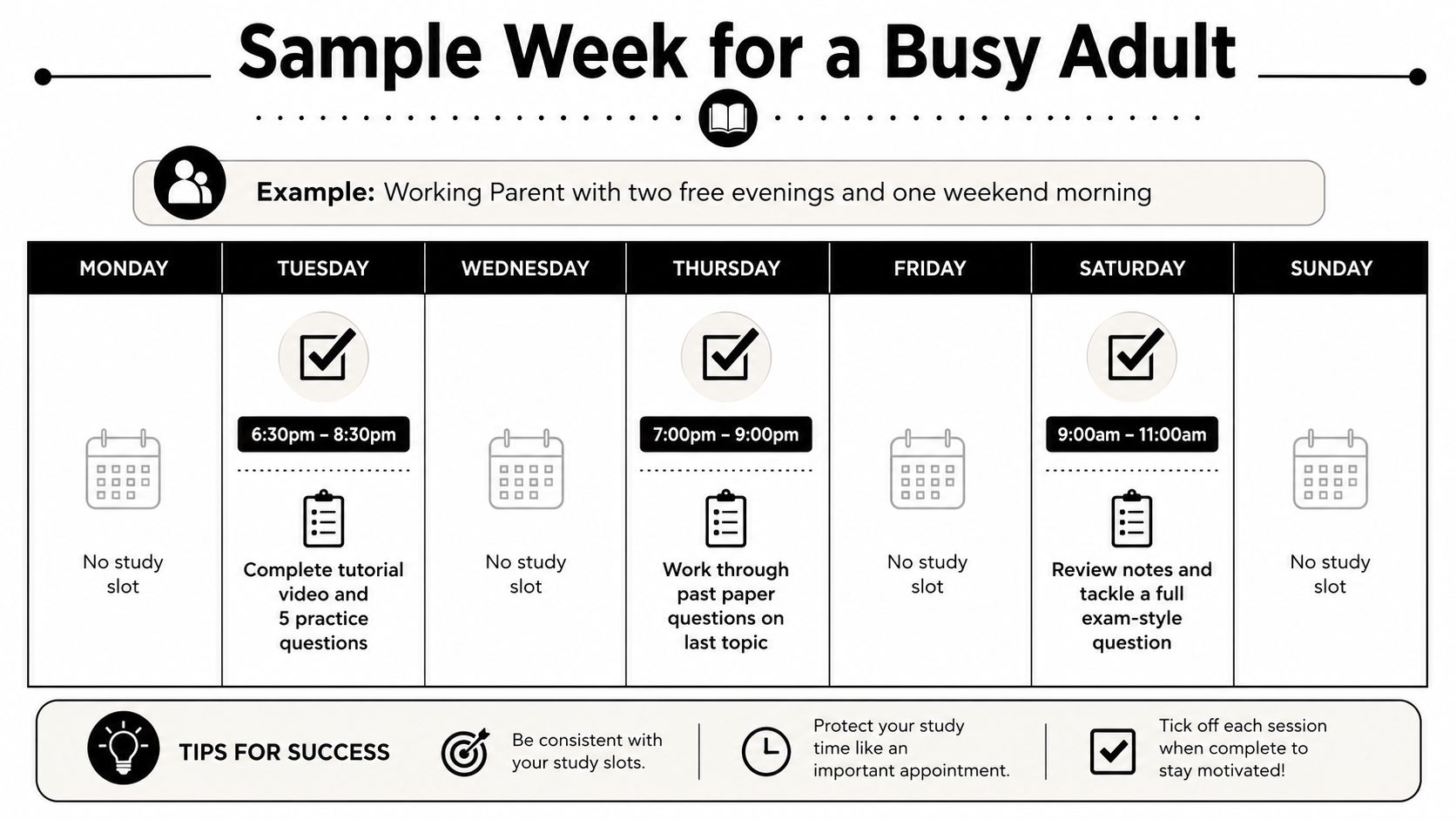A weekly study schedule example for a busy adult working parent with set study time slots.