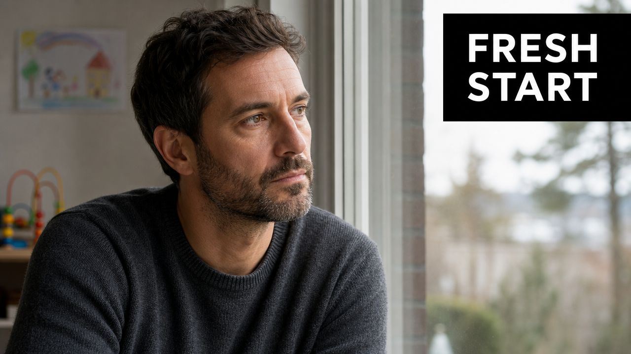 A contemplative man with a beard looking out of a window in a thoughtful manner.