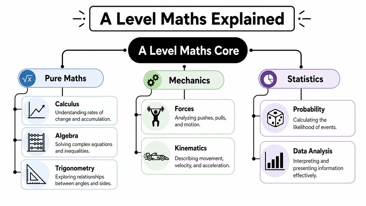 An educational infographic flowchart detailing the core components of A Level Mathematics including Pure Maths, Mechanics, and Statistics.