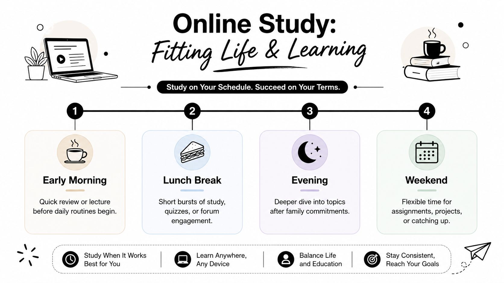 A visual guide showing how to integrate an online study schedule into your daily morning, lunch, evening, and weekend routine.