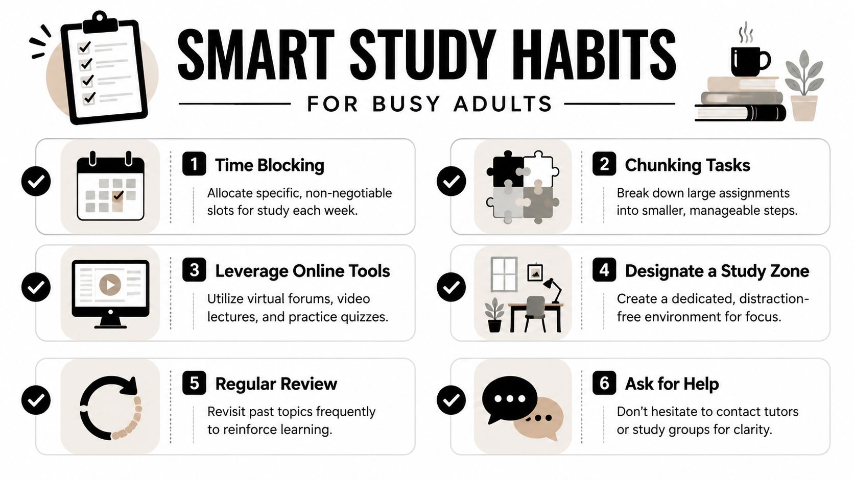 An infographic titled Smart Study Habits for Busy Adults listing six numbered effective learning strategies.
