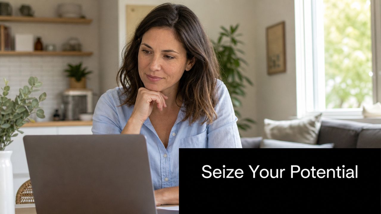 A smiling woman sitting at a table using a laptop with the text Seize Your Potential displayed.