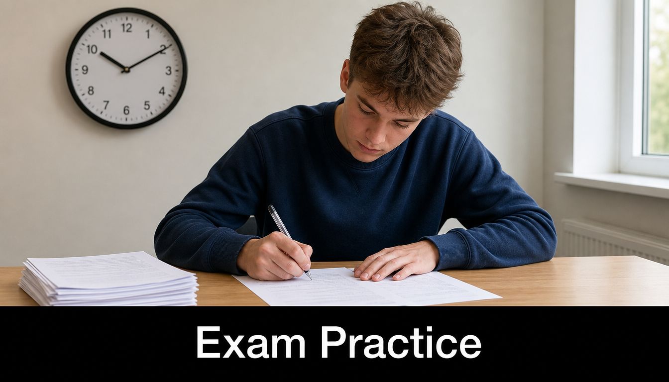 A focused student writing on papers at a wooden desk with a wall clock in the background.