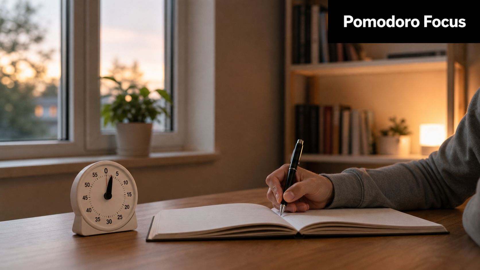 A person writing in a notebook next to a Pomodoro timer on a wooden desk.