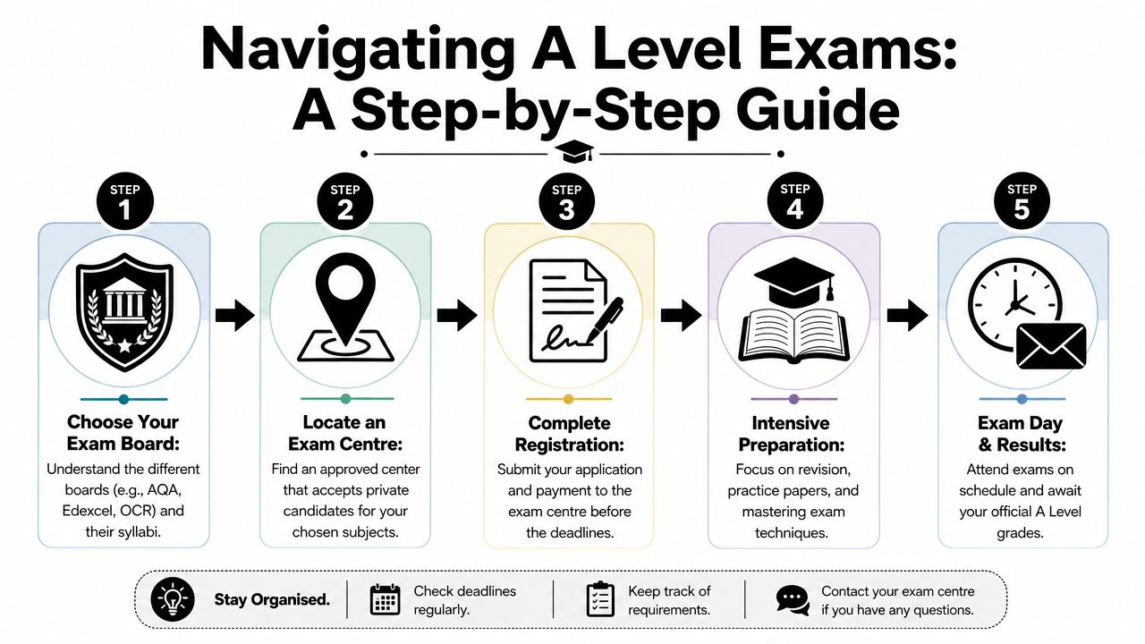 A step-by-step infographic guide for navigating A Level exams from choosing boards to receiving results.