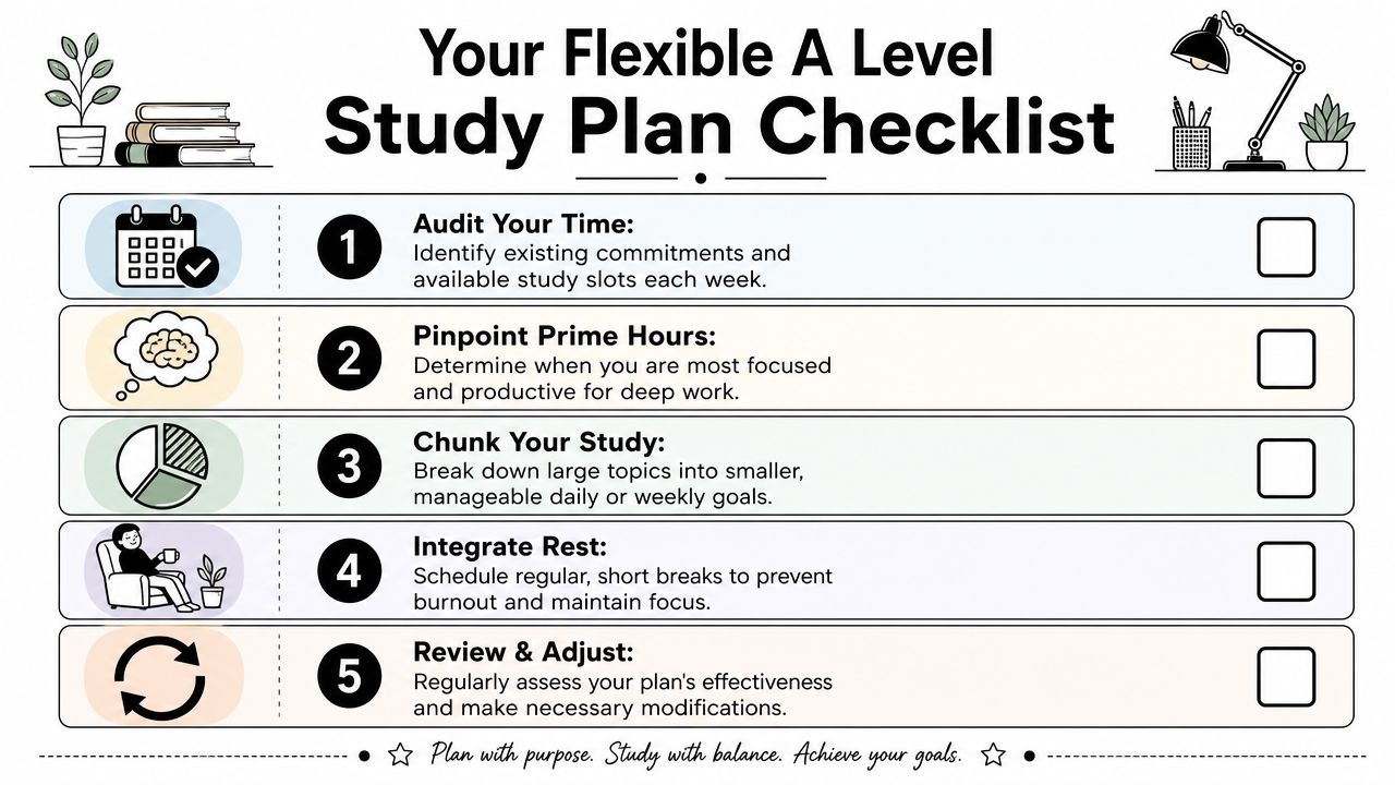 A checklist graphic for planning A-level studies featuring five actionable steps for organization and student productivity.