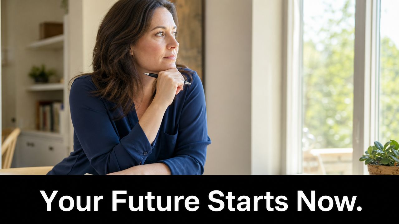 A professional woman sitting in a bright home office, looking out a window while holding a pen.