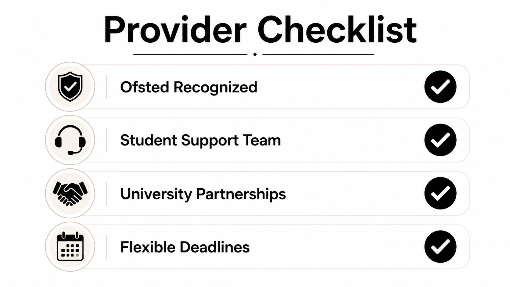 A provider checklist showing key features like Ofsted recognized, student support team, university partnerships, and flexible deadlines.