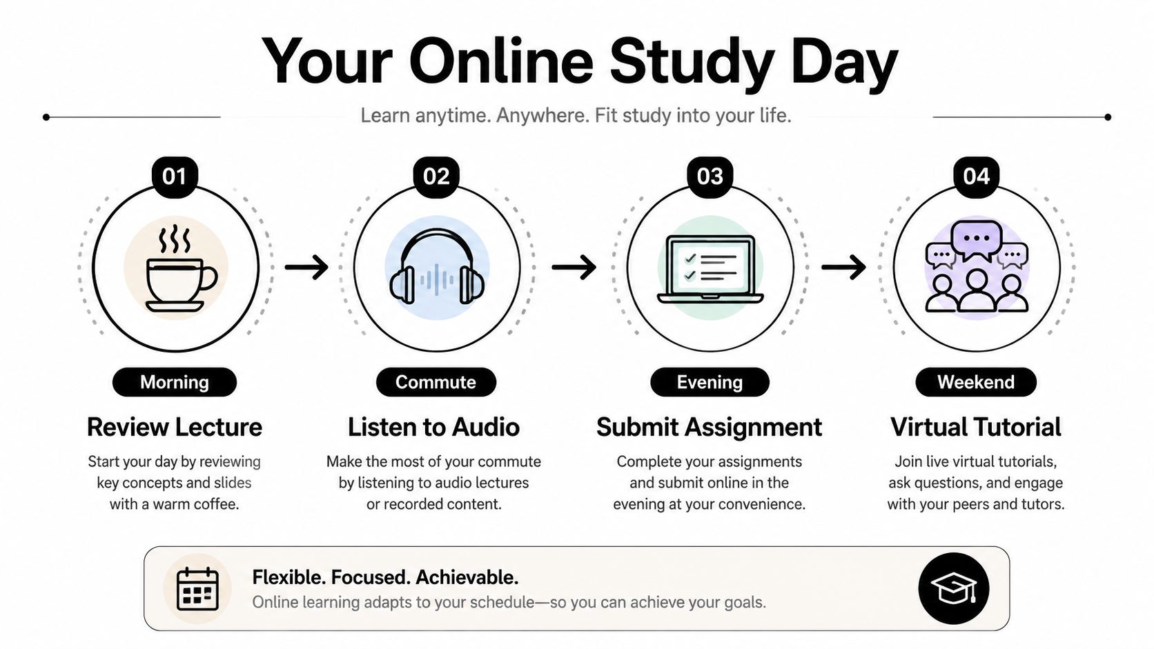 An infographic titled Your Online Study Day outlining a daily routine for online learners across four steps.
