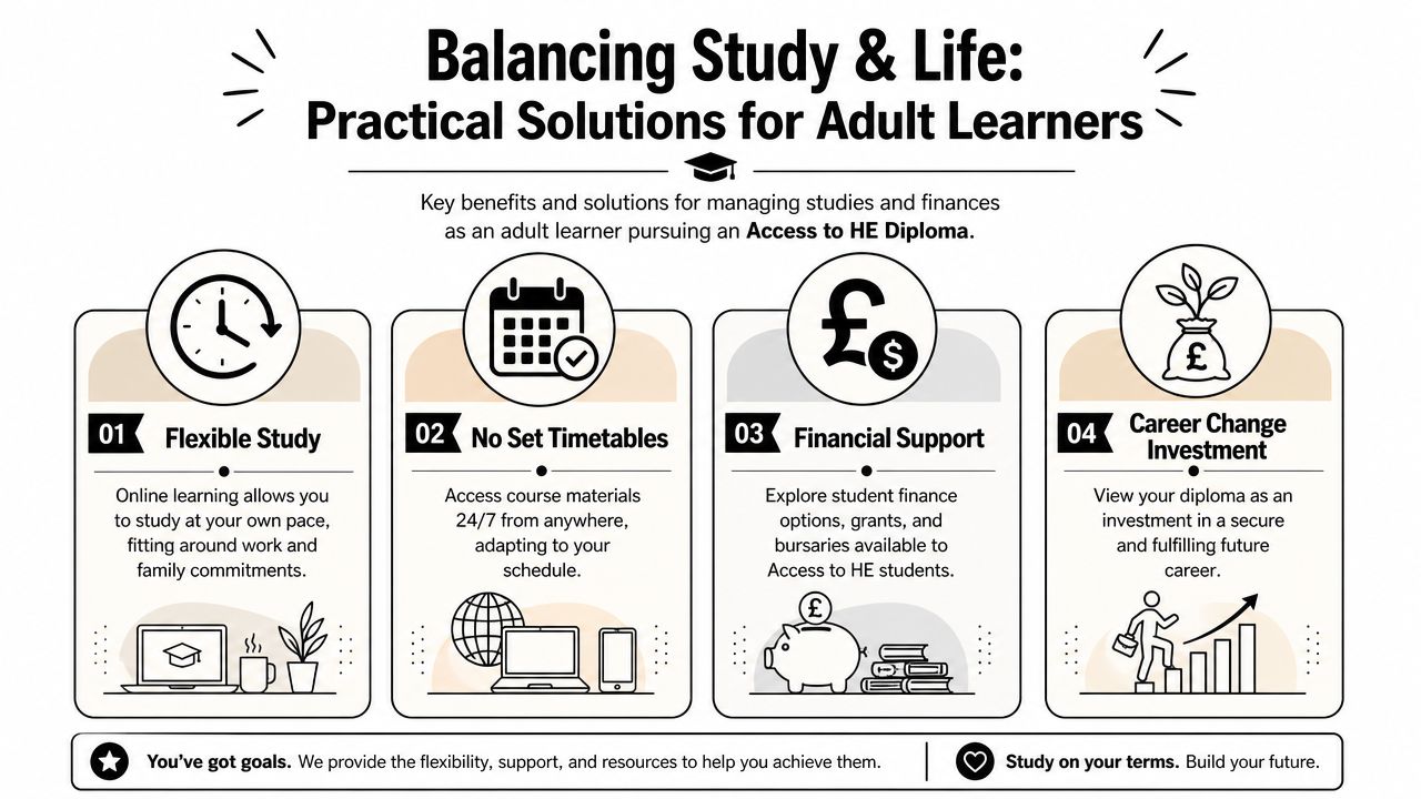An infographic titled Balancing Study and Life, outlining four practical solutions for adult learners pursuing an Access to HE diploma.