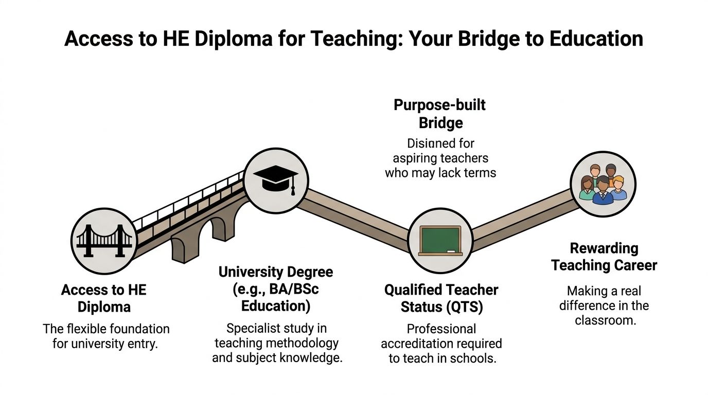 A diagram illustrating the pathway to a teaching career, starting with an Access to HE Diploma.