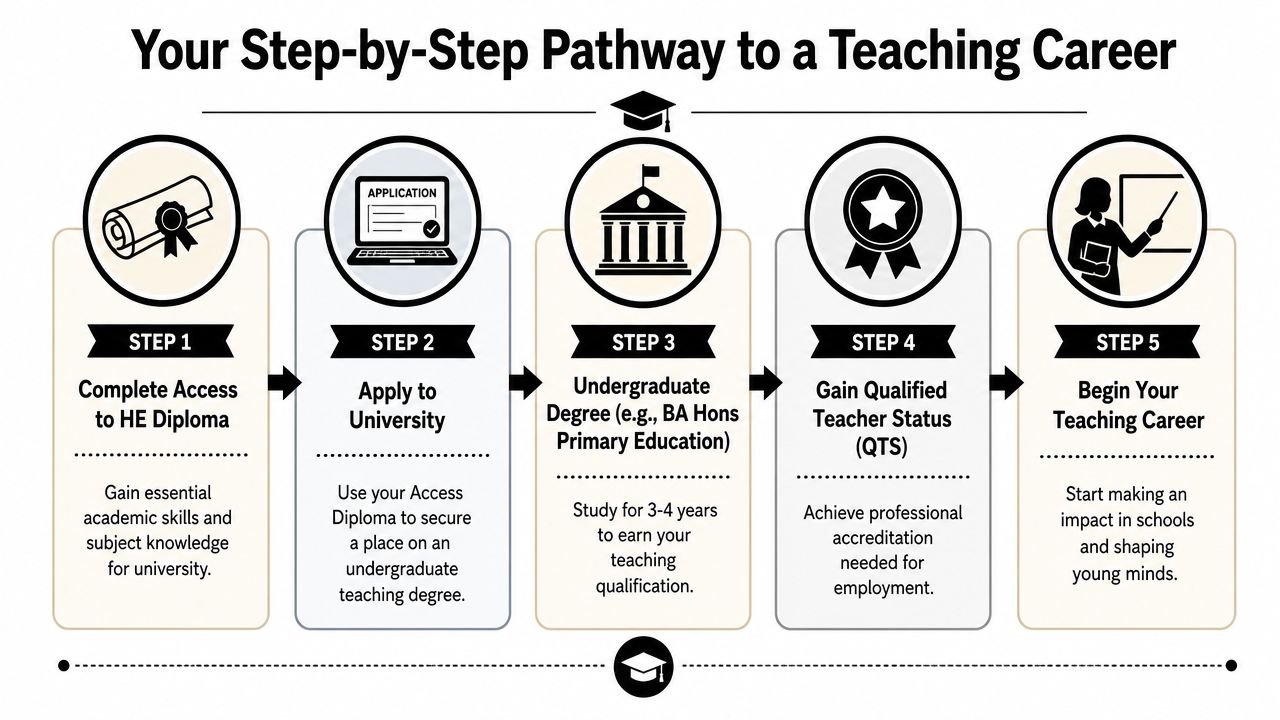 A flowchart showing the five steps to becoming a teacher, starting with an Access to HE Diploma.