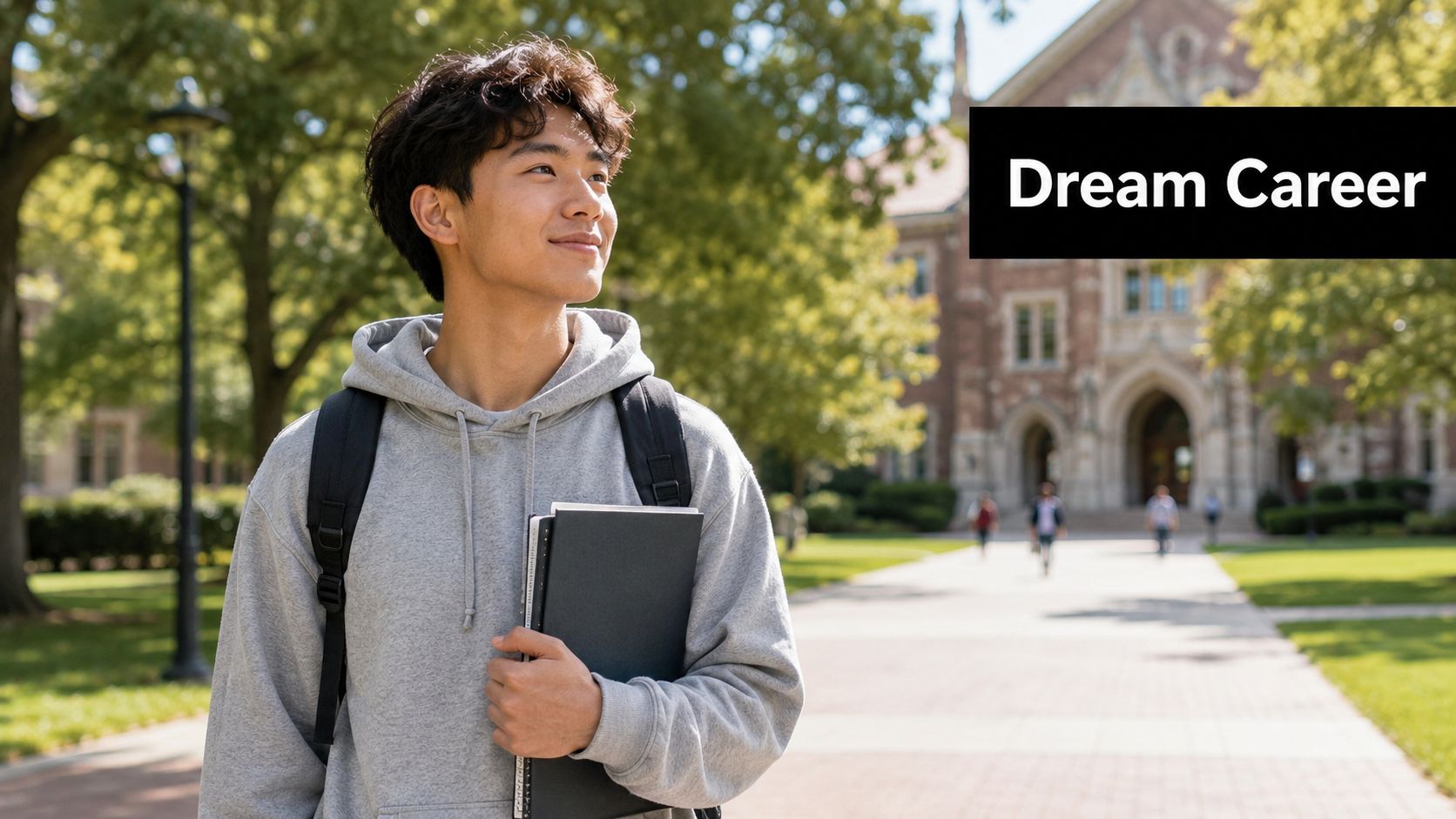 A happy male college student carrying books on campus while looking towards his future career path.