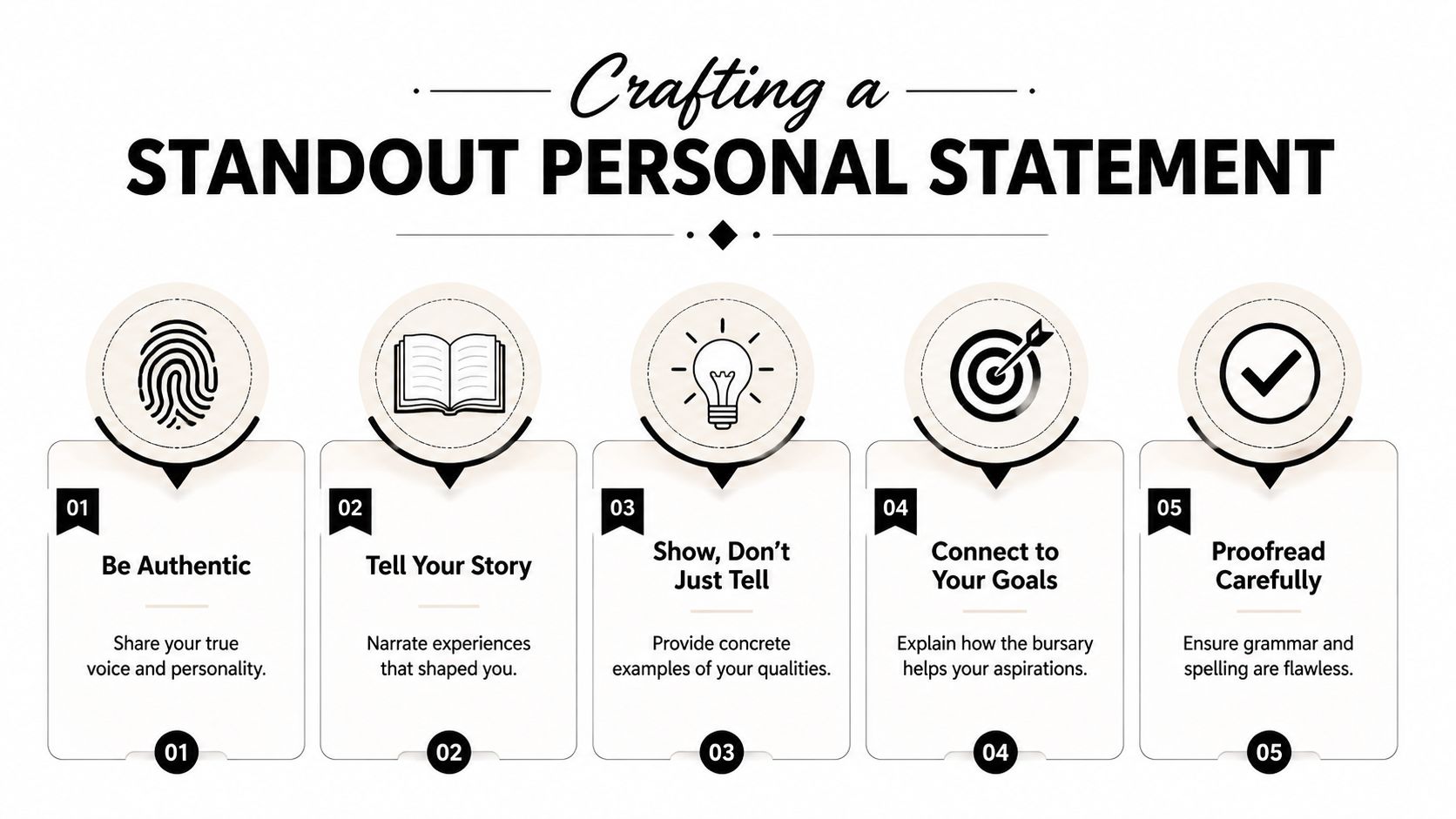 An infographic titled Crafting a Standout Personal Statement with five numbered tips for writing effective bursary applications.