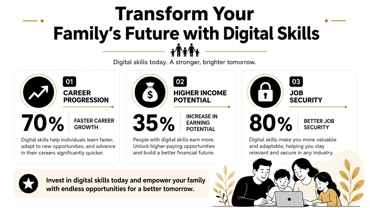 An infographic showing the benefits of digital skills for family growth including career progression and income.