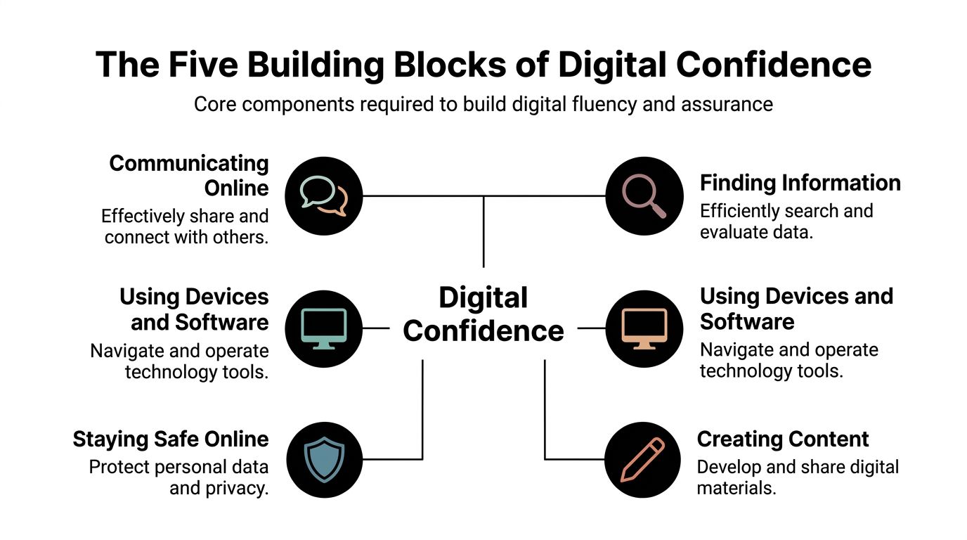 A diagram illustrating the five essential building blocks of digital confidence, including communication, search, and safety skills.