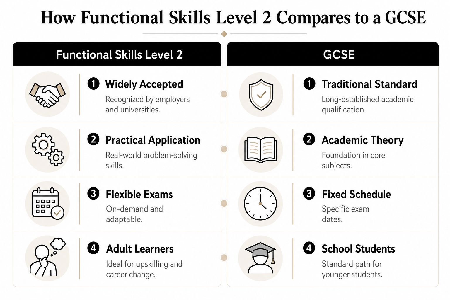 A comparison chart showing the differences between Functional Skills Level 2 and GCSE qualifications.