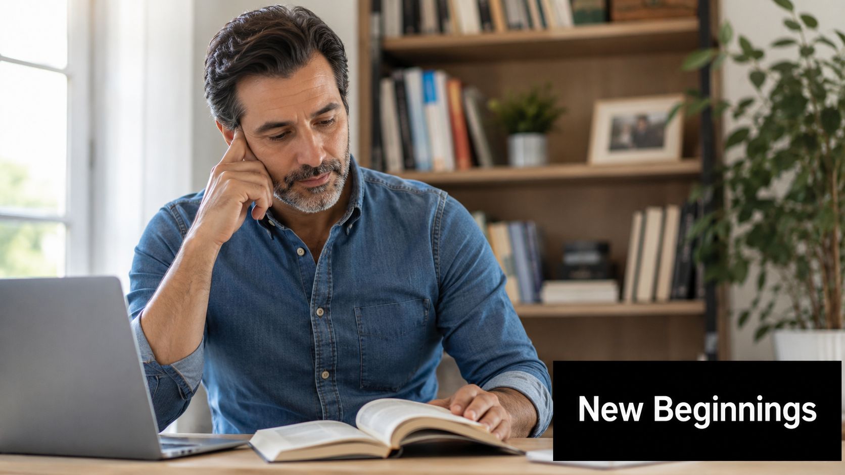A mature man in a denim shirt reading a book while working on a laptop at home.