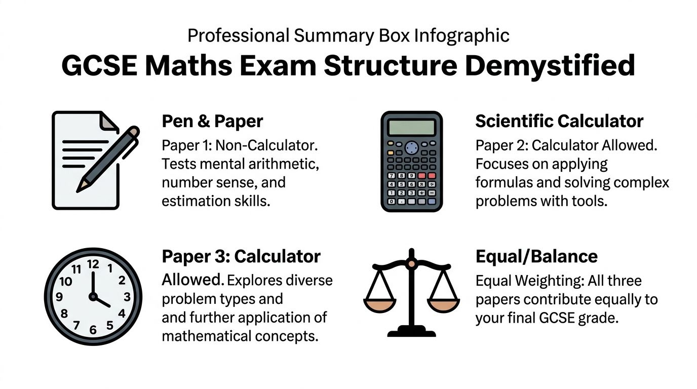 An infographic showing the three-paper structure of GCSE Maths exams, including calculator rules and weightings.