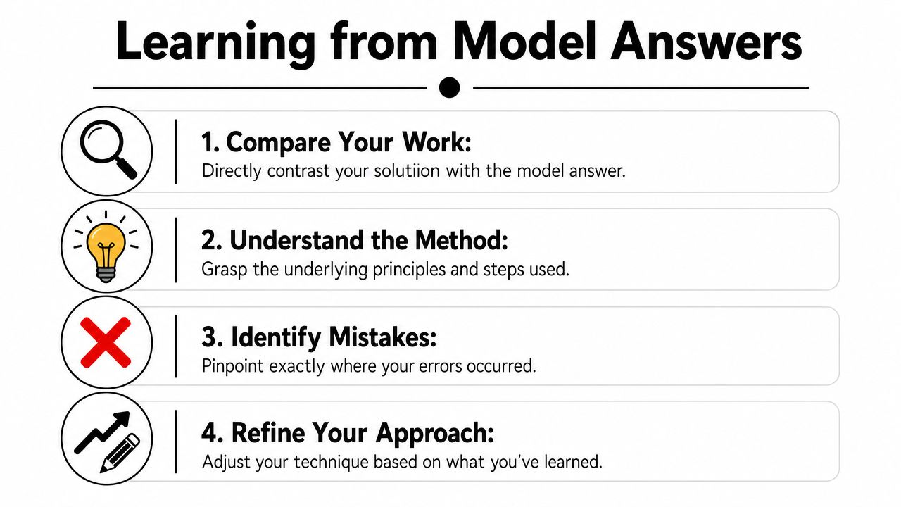 An infographic titled Learning from Model Answers showing four numbered steps for study improvement with icons.
