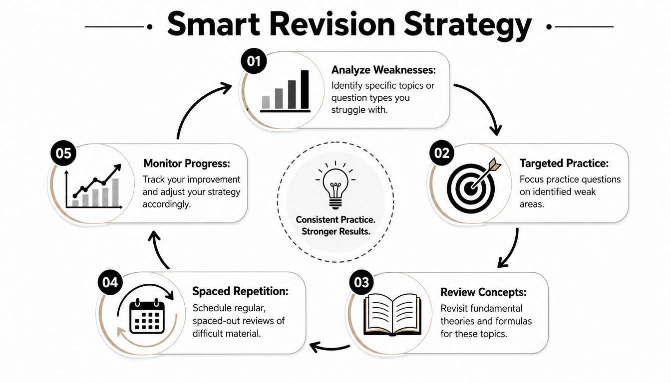 A diagram illustrating a five-step smart revision strategy for students to improve their academic performance.