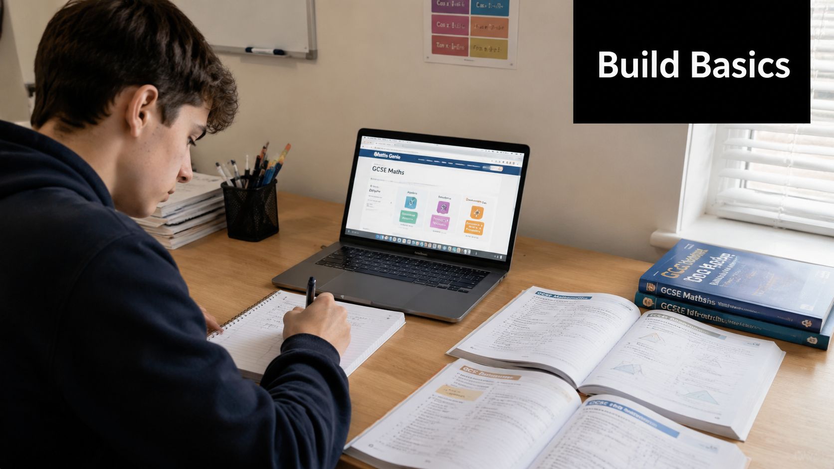 A student focused on studying GCSE maths using an open laptop and multiple textbooks at home.