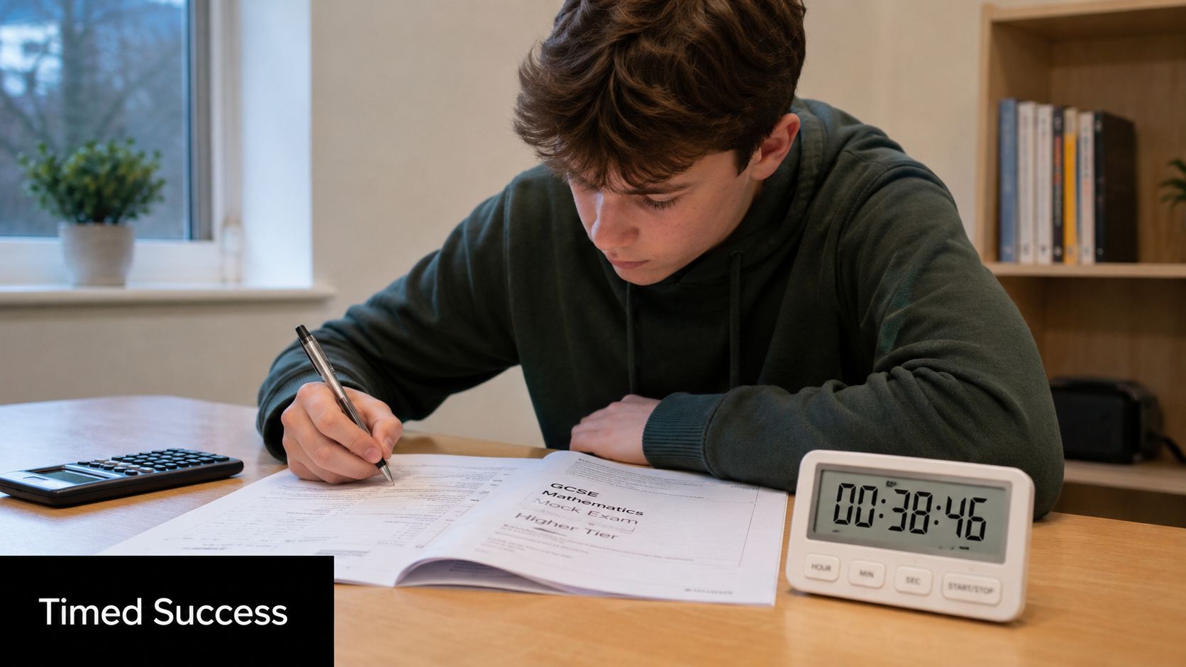 A male student focused on solving GCSE Mathematics Higher Tier mock exam questions with a timer.