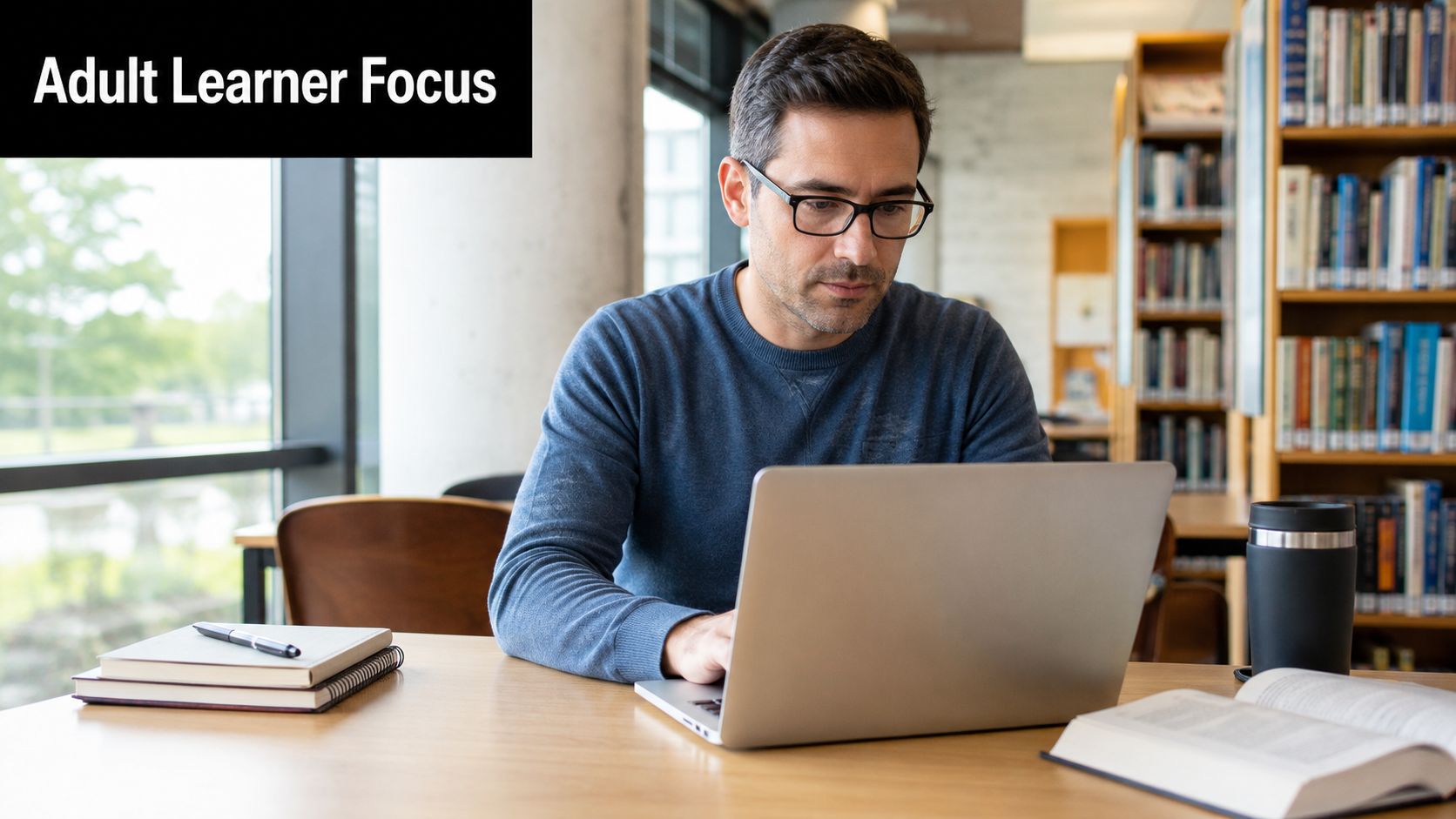 A focused adult man wearing glasses sits at a library desk working on his laptop computer.