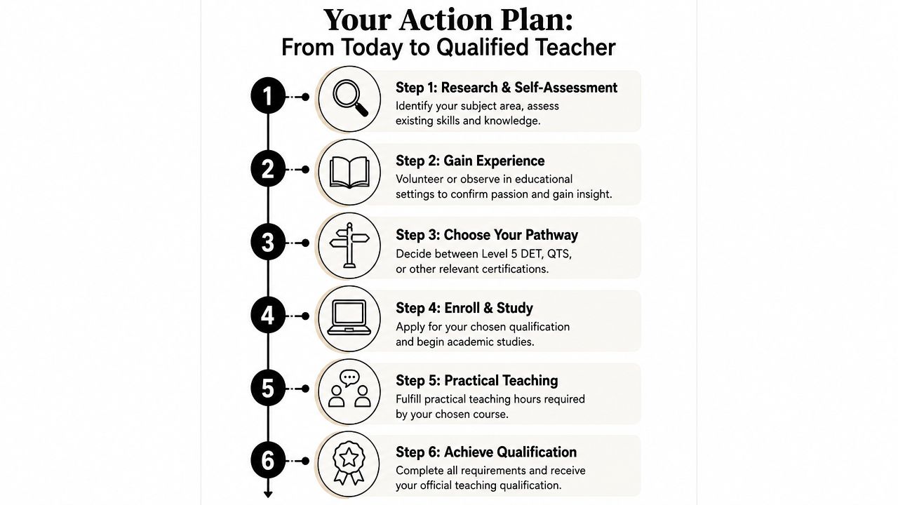 A six-step infographic outlining the pathway to becoming a qualified teacher, from research to final certification.